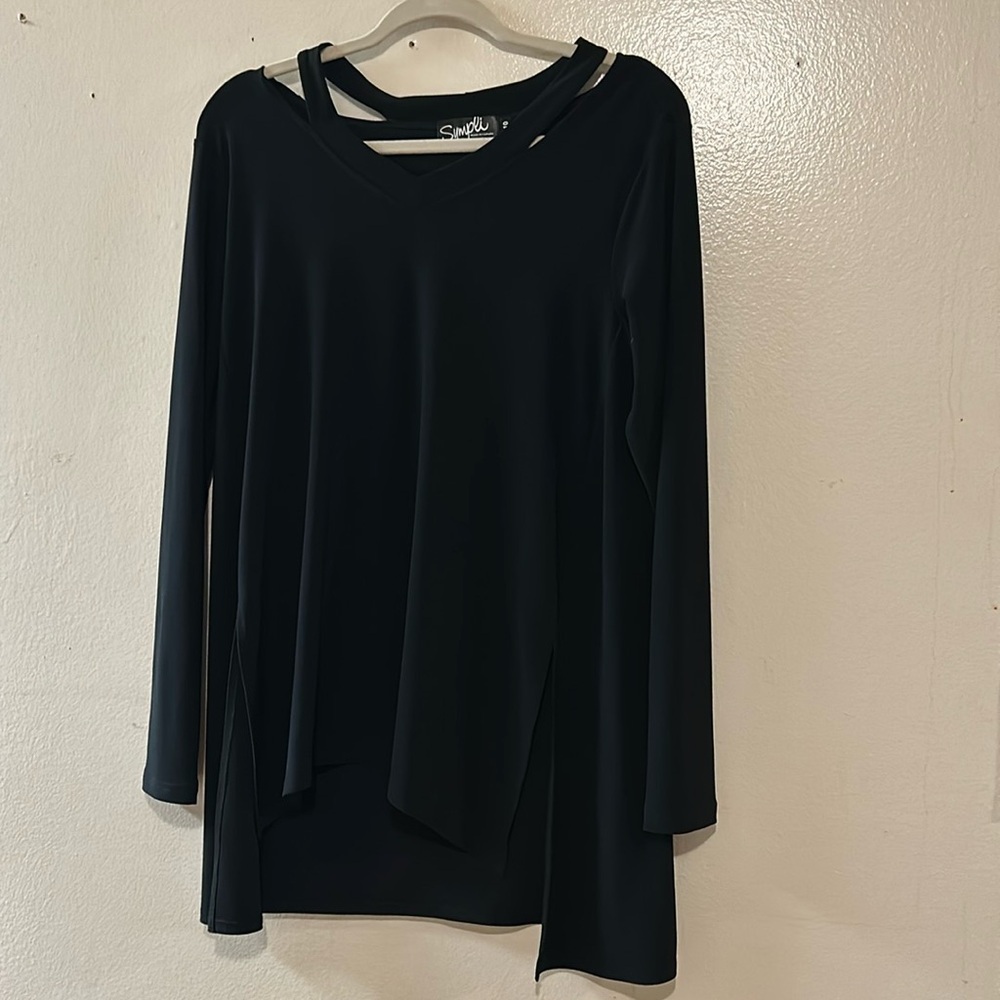Sympli Black Shoulder Out High Low Spandex Blouse SZ 10